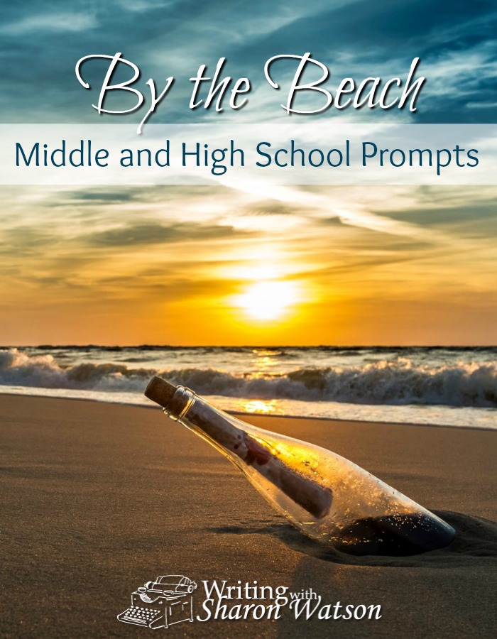 By the Beach Middle and High School Prompts text with image of a bottle on the beach